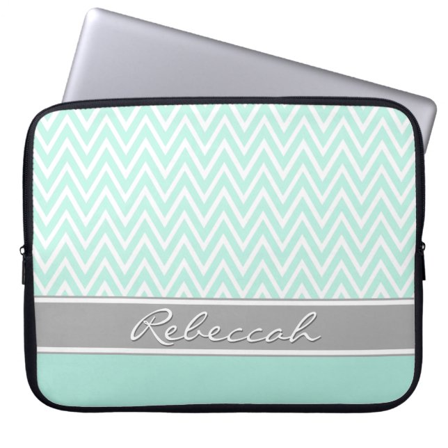 Mint Green White Chevron Zigzag Pattern Gray Name Laptop Sleeve (Front)