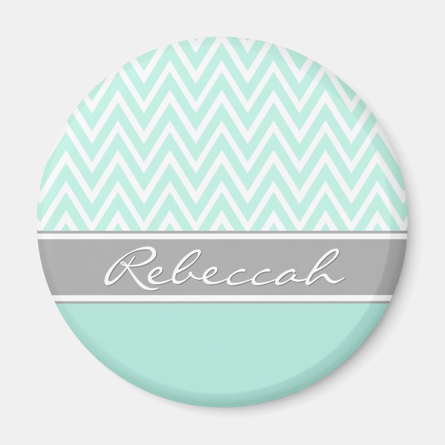 Mint Green White Chevron Zigzag Pattern Gray Name Magnet (Front)