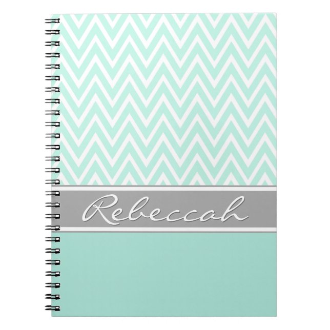 Mint Green White Chevron Zigzag Pattern Gray Name Notebook (Front)