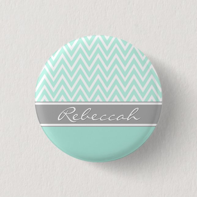 Mint Green White Chevron Zigzag Pattern Gray Name Pinback Button (Front)