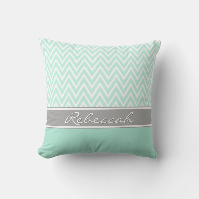 Mint Green White Chevron Zigzag Pattern Gray Name Throw Pillow (Front)