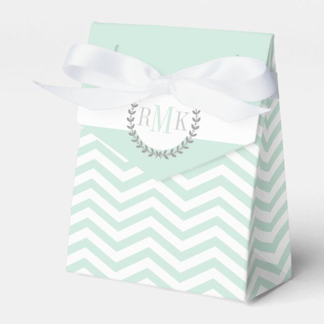 Mint green, white chevron zigzag pattern wedding favor boxes (Front Side)