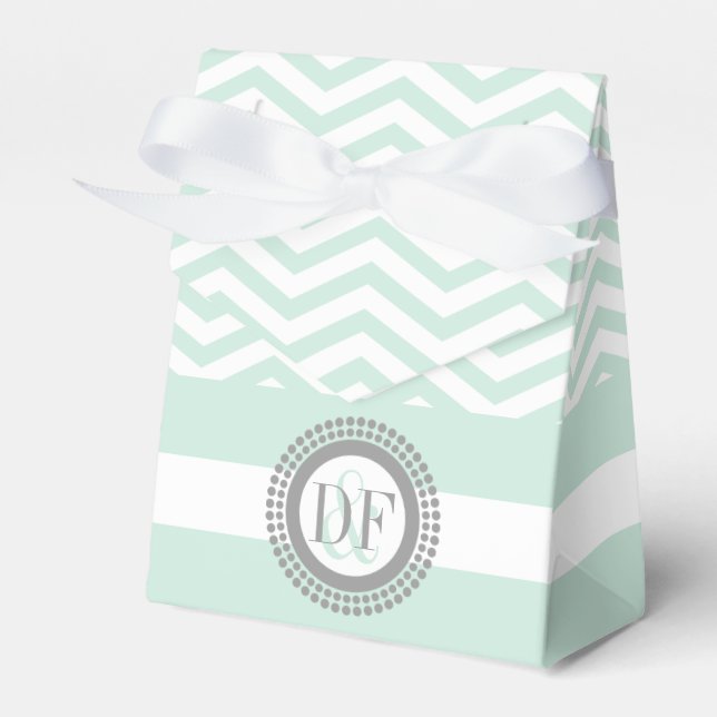 Mint green, white chevron zigzag pattern wedding favor boxes (Front Side)
