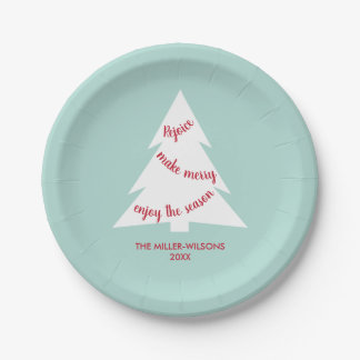 Mint Green White Christmas Tree Name Holiday Party Paper Plates