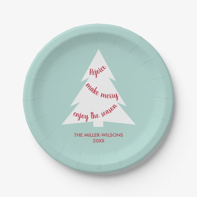 Mint Green White Christmas Tree Name Holiday Party Paper Plates (Front)