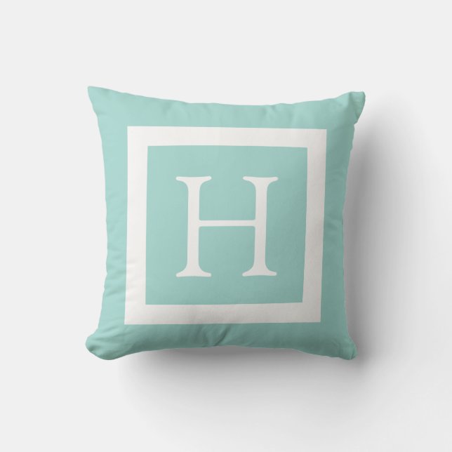Mint Green White Custom Monogram Throw Pillow (Front)