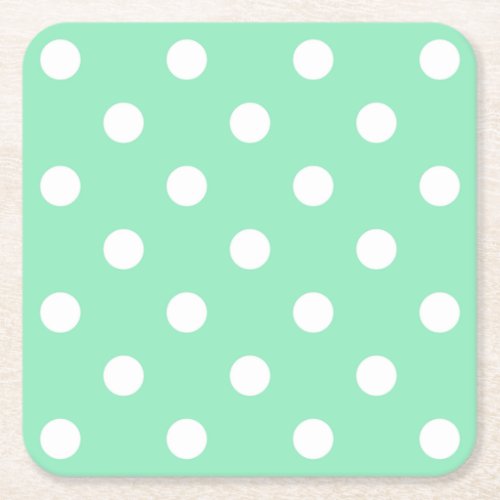 Mint Green White Dotted Elegant Vintage Template Square Paper Coaster