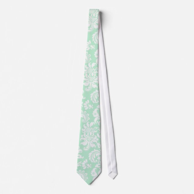 Mint-Green & White Floral Damask Pattern Neck Tie (Front)