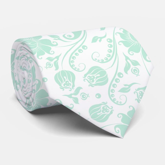 Mint-Green & White Floral Damasks Neck Tie (Rolled)