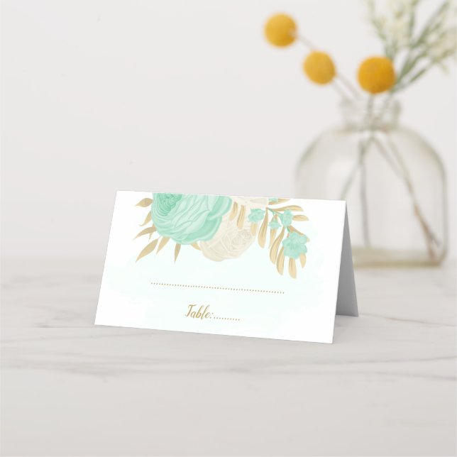 mint green & white flowers gold botanical wedding place card (Front)