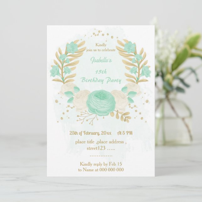 mint green white flowers gold floral birthday  invitation (Standing Front)