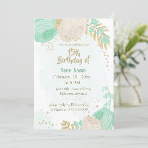 mint green white flowers gold floral birthday invitation