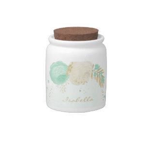 mint green white flowers gold floral candy jar