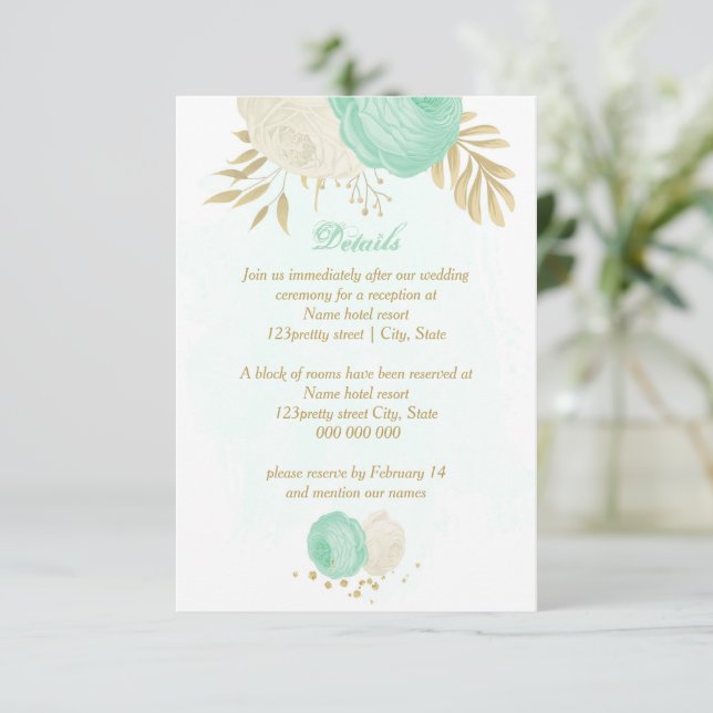 mint green white flowers gold floral wedding enclosure card (Standing Front)