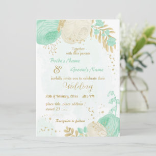 mint green &white flowers gold floral wedding invitation