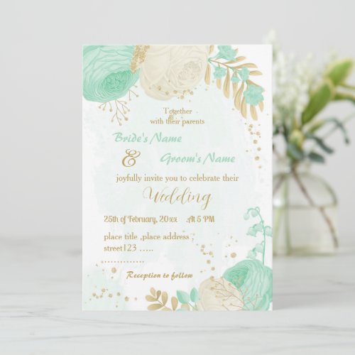 mint green white flowers gold floral wedding invitation