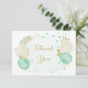 mint green &white flowers gold floral wedding thank you card
