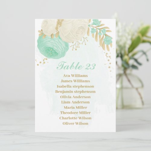 mint green white flowers gold seating chart card