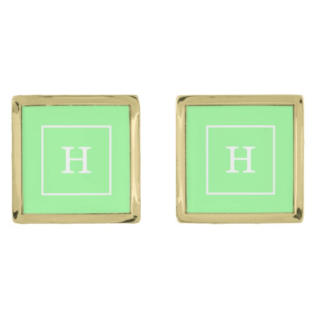 Mint Green White Framed Initial Monogram Gold Cufflinks (Front)