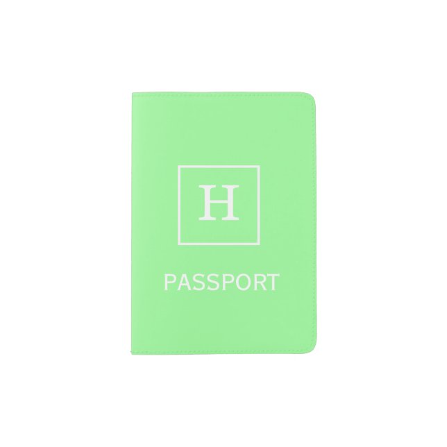 Mint Green White Framed Initial Monogram Passport Holder (Front)