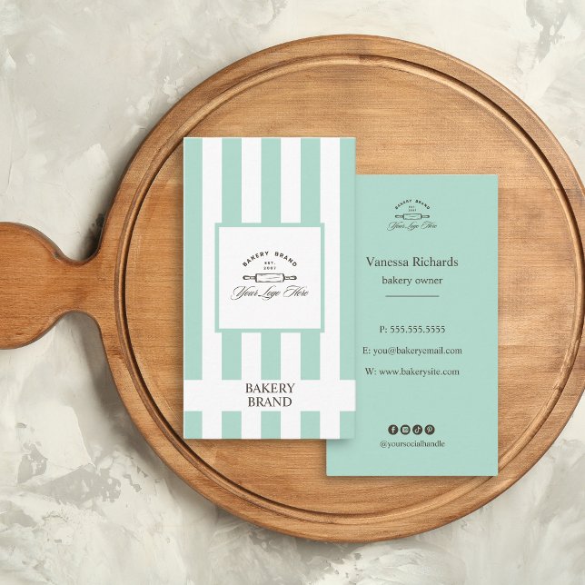 Mint Green White French Bakery Logo Large Striped  Business Card (Creator Uploaded)