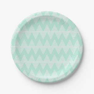Mint Green White Geometric Chevron Pattern Paper Plates
