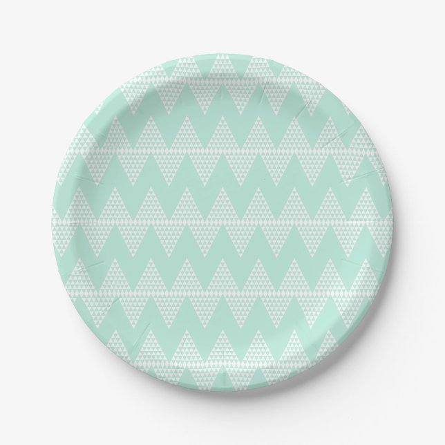 Mint Green White Geometric Chevron Pattern Paper Plates (Front)