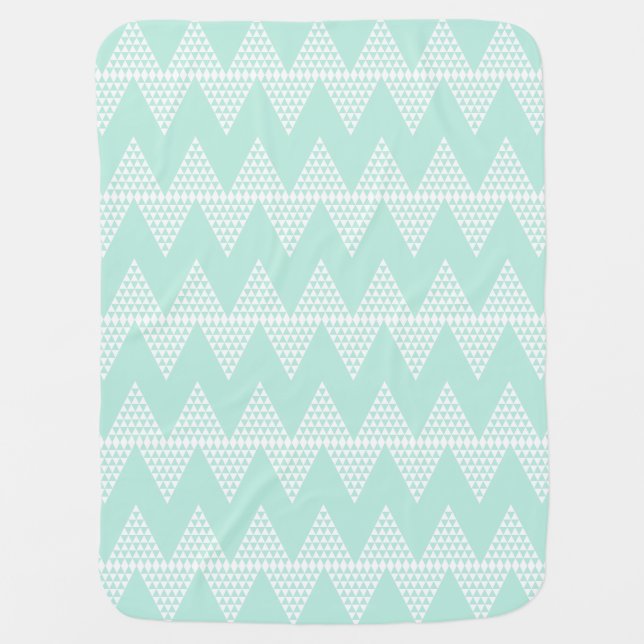 Mint Green White Geometric Chevron Pattern Stroller Blanket (Front)