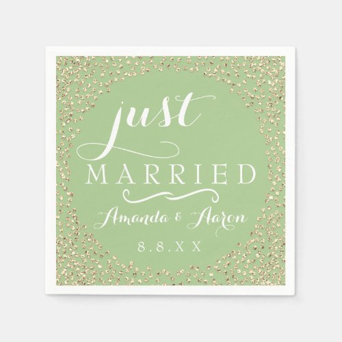 Mint Green White Gold Confeti Wedding Just Married Napkins