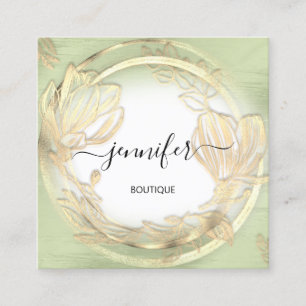 Mint Green White Gold Floral QRCode Logo Square Business Card