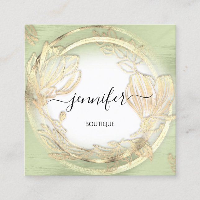 Mint Green White Gold Floral QRCode Logo  Square  Square Business Card (Front)