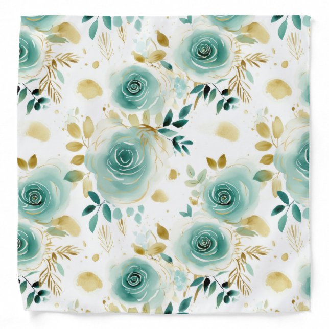 Mint Green White Gold Rose Floral Bandana (Front)