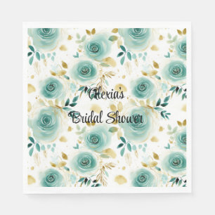 Mint Green White Gold Rose Floral Bridal Shower Napkins