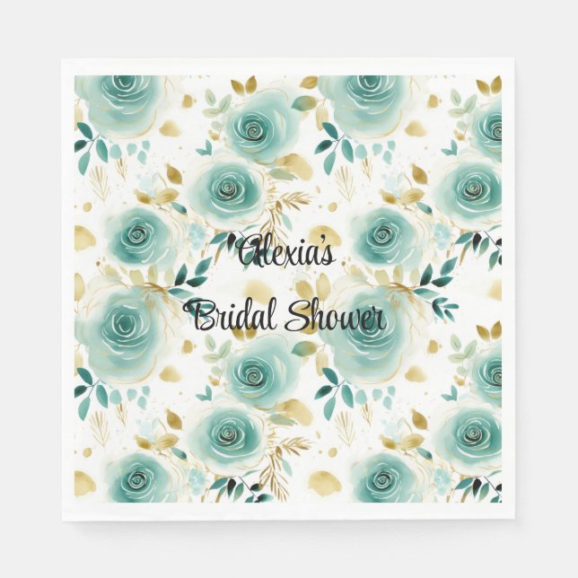 Mint Green White Gold Rose Floral Bridal Shower Napkins (Front)