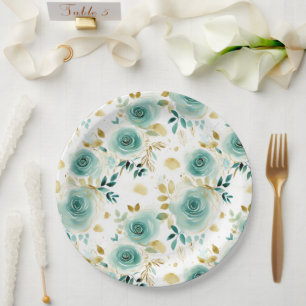 Mint Green White Gold Rose Floral Bridal Shower Paper Plates