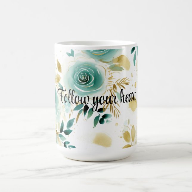 Mint Green White Gold Rose Floral Coffee Mug (Center)