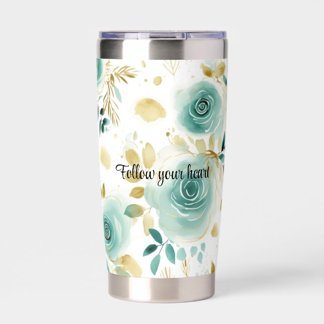 Mint Green White Gold Rose Floral Insulated Tumbler (Front)