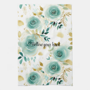 Mint Green White Gold Rose Floral Kitchen Towel