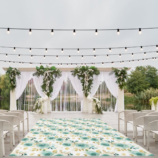 Mint Green White Gold Rose Floral Outdoor Rug (Insitu (Wedding 1))
