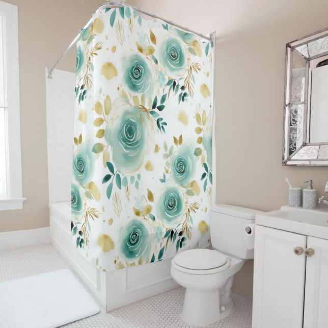 Mint Green White Gold Rose Floral Shower Curtain (In Situ)