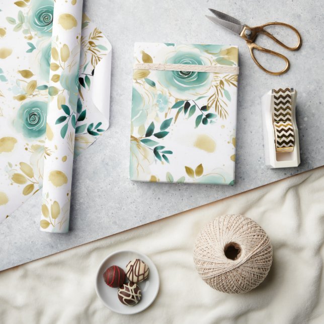 Mint Green White Gold Rose Floral Wrapping Paper (Crafts)