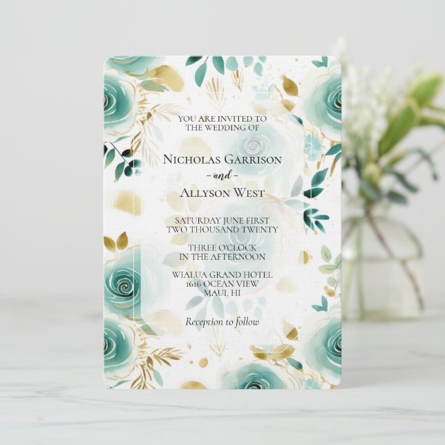 Mint Green White Gold Rose Wedding Invitation (Standing Front)