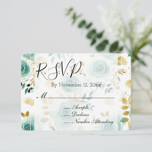 Mint Green White Gold Rose Wedding RSVP Enclosure Card (Standing Front)