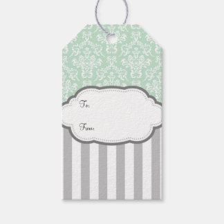 Mint Green White Gray Damask Stripe Gift Tags