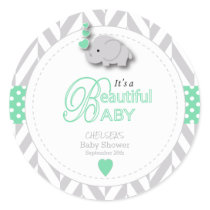 Mint Green, White Gray Elephant Baby Shower Classic Round Sticker