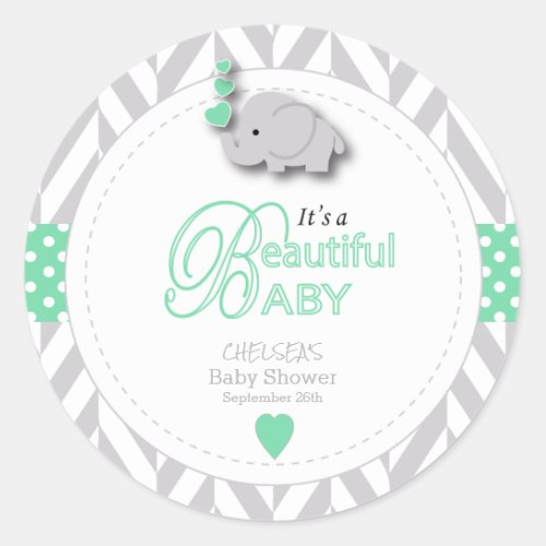 Mint Green White Gray Elephant Baby Shower Classic Round Sticker