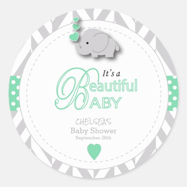 Mint Green, White Gray Elephant Baby Shower Classic Round Sticker (Front)