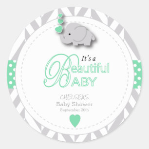Mint Green, White Gray Elephant Baby Shower Classic Round Sticker