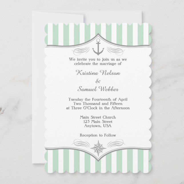 Mint Green White Gray Nautical Wedding Invitation (Front)