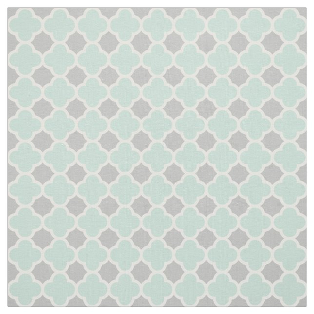 Mint Green White Gray Quatrefoil Pattern Fabric (Swatch)